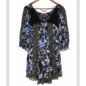 Free People Crochet Front Flower Floral Mini Long Sleeve Flowy Boho Tunic Dress